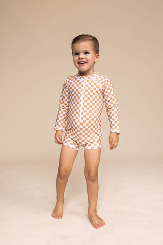 Boy's Zip Up Rashguard | Tan Checkered