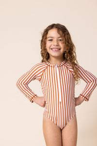 Girl's Zip Up Rashguard | Terracotta Stripe