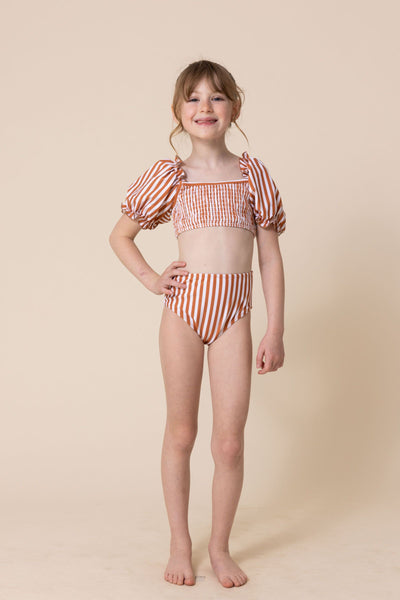 Girl's Sleeved Bikini | Terracotta Stripe