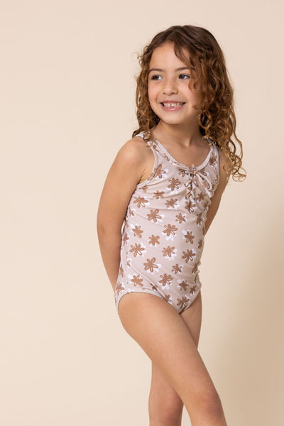 Girl's Tie One Piece | Brown/White Floral
