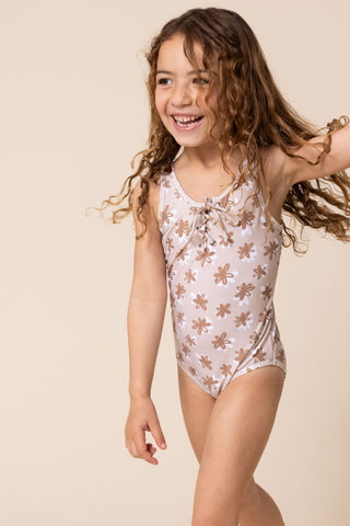 Girl's Tie One Piece | Brown/White Floral