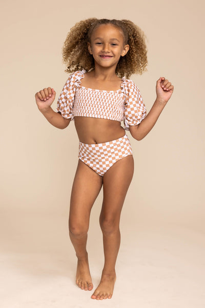 Girl's Sleeved Bikini | Tan Checkered