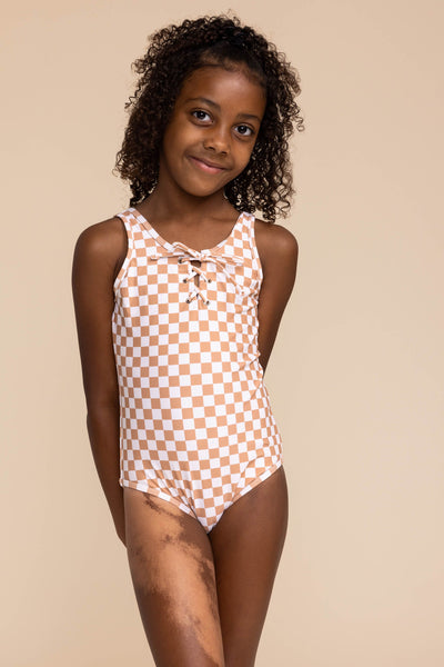 Girl's Tie One Piece | Tan Checkered